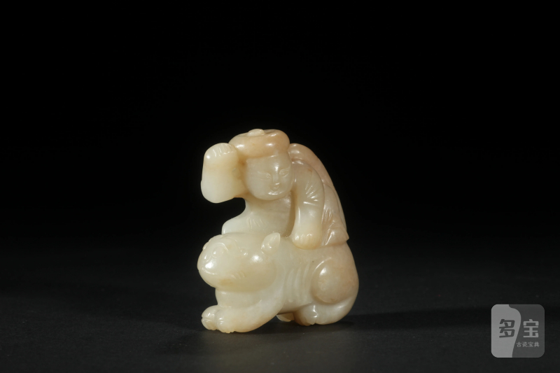 清 白玉圆雕伏虎童子把件 - 图1